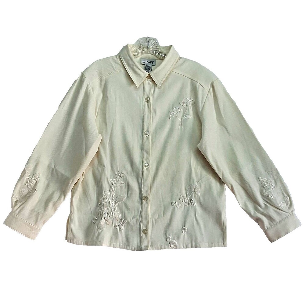 GRAFF Womens M Ivory Embroidered Flower Button Up Blouse Granny Cottage Winter